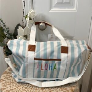 Blue and White Striped Tote with Colorful Aloha Embroidery